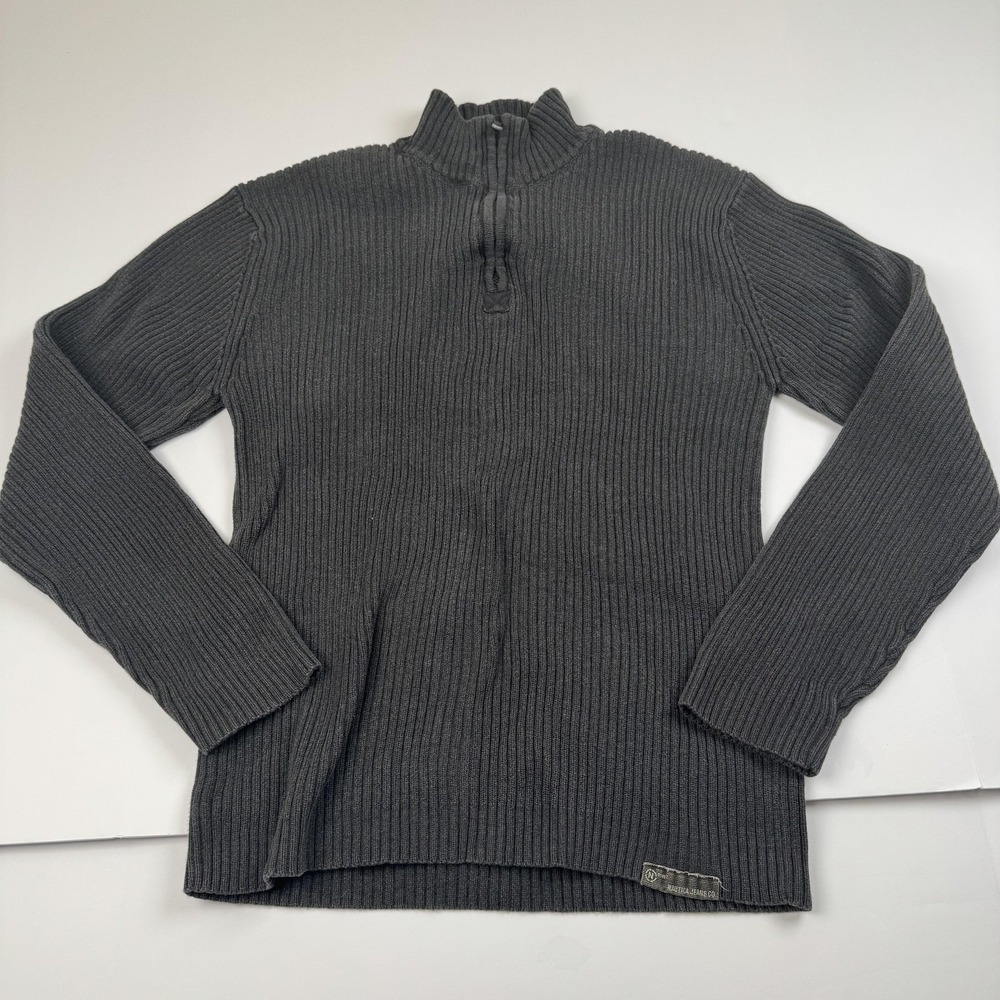 Nautica Jeans Co Sweater Mens 2XL Gray Ribbed Half Zip Pullover Casual Classic